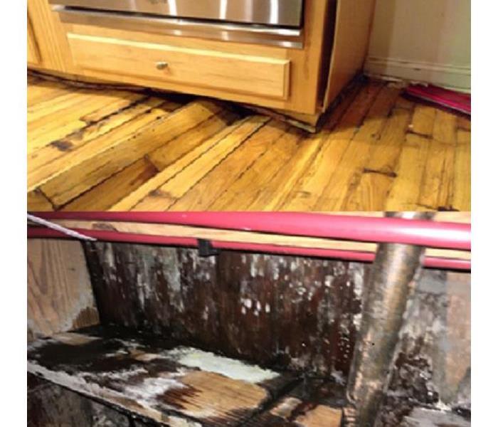 Before and After photo of Water Damage from Sink Overflow